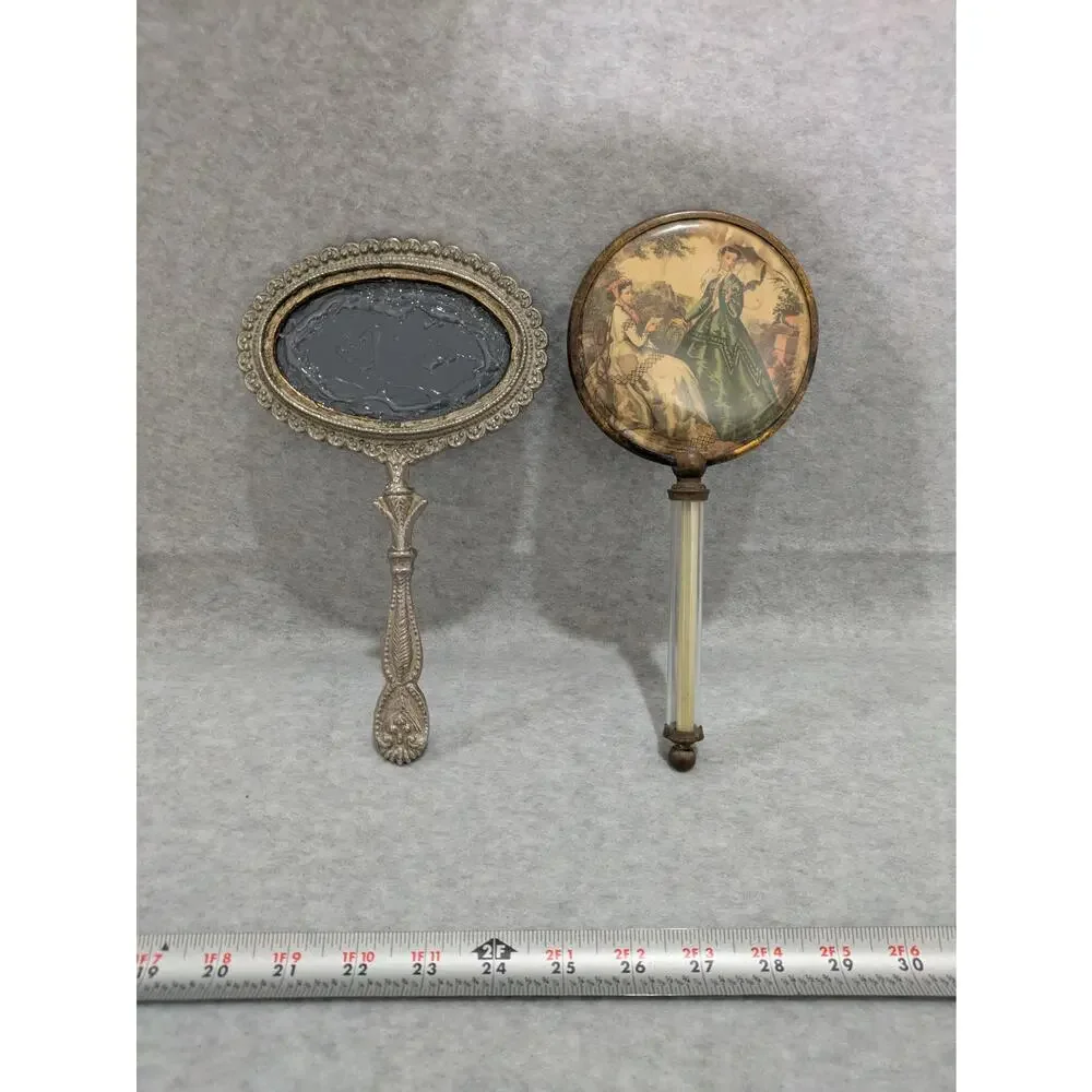 Antique French Sevres Hand Painted Hand Mirror & Silver Plated Vanity Mirror VTG